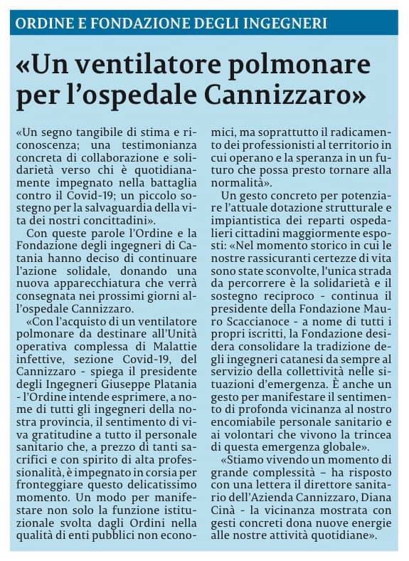 Un ventilatore polmonare per l'ospedale Cannizzaro